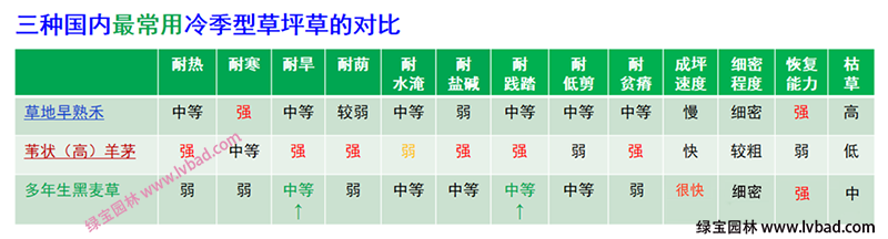 常用冷季型草坪生長特性對(duì)比